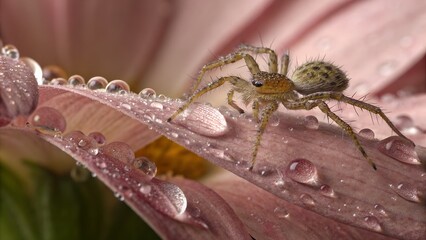 Wall Mural - spider on flower petal: a tiny spider, perfectly camouflaged, delicately rests on a petal, adorned w
