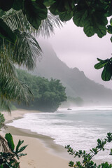 Wall Mural - Serene coastal landscape with lush greenery enveloping a remote sandy beach. Misty mountains rise in the background, under a gentle, overcast sky, creating a tranquil atmosphere.