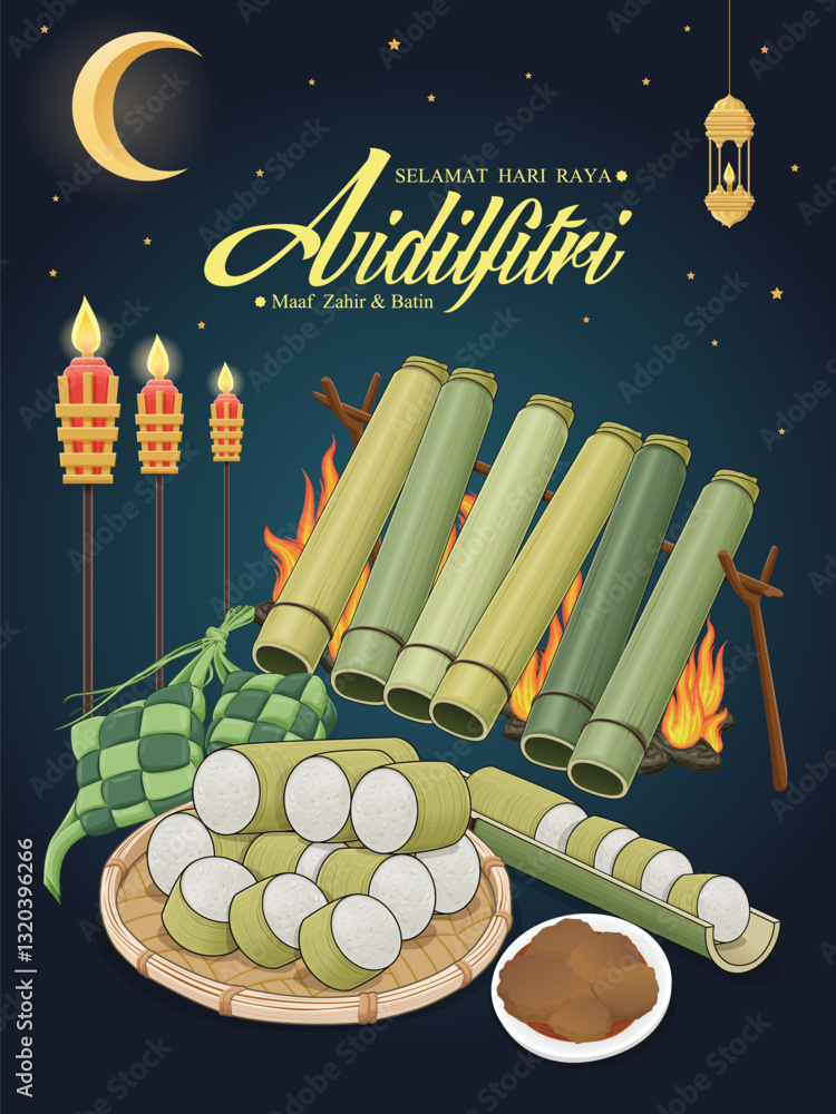 Hari Raya Aidilfitri background design with ketupat, lemang. Malay