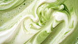 frothy matcha latte with its signature vibrant green color and delicate swirling foam patterns, a macro and full-frame texture shot, close-up texture, top view