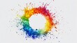 © Chaikit - Circular rainbow splash burst with flowing color transitions, organic watercolor texture, dancing paint particles, fluid color spectrum blending, floating pigment spatters, clean minimal composition,