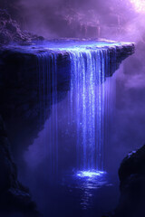 Wall Mural - A mystical waterfall cascades over a rocky ledge, glowing in ethereal blue hues amidst a foggy, enchanted landscape.