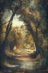 Wall Mural - A serene forest path with dappled sunlight filtering through the canopy, creating a mystical and tranquil atmosphere amidst lush greenery.