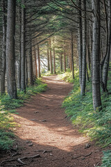 Wall Mural - Sun-dappled forest path leading through tall trees and lush greenery, creating a serene and inviting atmosphere for a tranquil walk in nature.