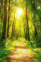 Wall Mural - Sunlit forest path with vibrant green foliage, creating a serene and inviting natural atmosphere.