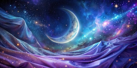 a majestic crescent moon rises above a canvas of deep blues and purples, with an array of glittering