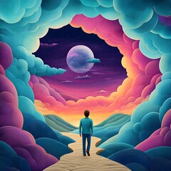 Wall Mural - a traveler walking through a dreamlike landscape, their emotions shaping the environment