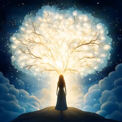 Wall Mural - a woman standing under a tree of pure light, its branches pulsating with creative energy