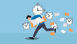 © Danchai - Graphic illustration of a tired businessman running with heavy paperwork and alarm clocks, symbolizing workload, aggressive deadlines, exhaustion, and burnout.