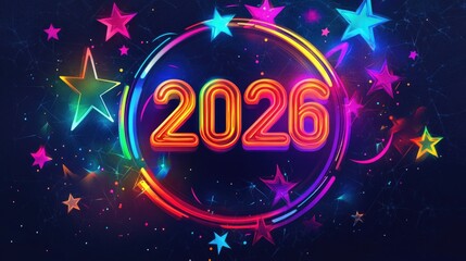 Fototapete - Colorful neon celebration with glowing stars and 2026 in bright lights. Happy New Year 2026