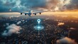 © O - Airplane flying over cityscape with digital navigation marker at sunset