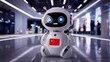 © Poetra RH - A futuristic, cute AI robot with glowing blue eyes and a Chinese flag on its body stands on a polished floor in a modern indoor space. Represents technology, innovation, and artificial intelligence.