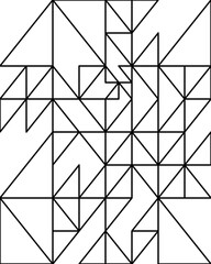 Abstract black line art featuring a complex arrangement of triangles and polygons on a white background.