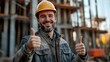 © Chandlerlikes - A smiling architect, clad in a hard hat, surveyed a bustling construction site, his thumbs raised in a gesture of approval and satisfaction, symbolizing the successful progress of the building.