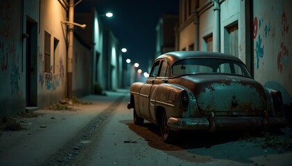 Naklejka na meble Grungy rusted old car parked in a deserted urban alleyway at night, old, retro, alleyway