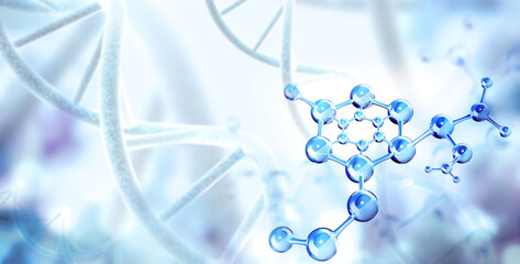 Wall Mural - horizontal banner with abstract molecular structure, dna and copy space for text. genetic engineerin