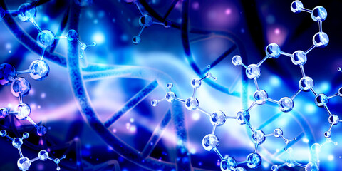 Wall Mural - horizontal banner with abstract molecular structure, dna and copy space for text. genetic engineerin
