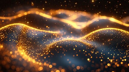 Wall Mural - abstract golden particles flow on black, digital landscape or energy field.