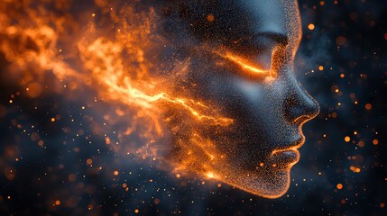 Wall Mural - abstract human face dissolving into digital particles, symbolizing information overload, mental stre