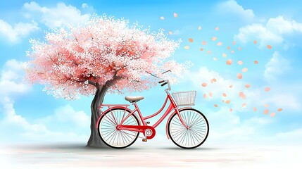 Wall Mural - a serene scene featuring a red bicycle beside a blossoming pink tree under a bright blue sky, evokin