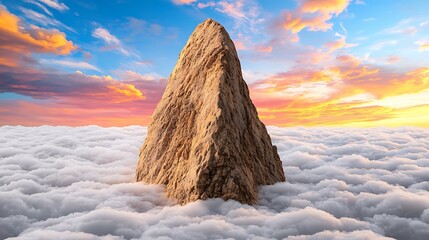 Wall Mural - a majestic rock formation rises above a sea of clouds, bathed in vibrant sunset colors, creating a s