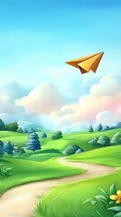 Wall Mural - a vibrant landscape featuring rolling green hills, a winding path, and a paper airplane soaring thro