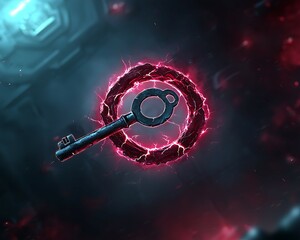 Wall Mural - a glowing key surrounded by a vibrant, electric aura, set against a cosmic background.