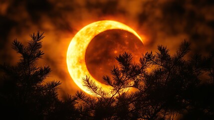 Behind silhouetted pine branches, a dramatic, mysterious eclipse glowed orange, obscured by night clouds.