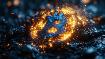 Wall Mural - blue flames burn bitcoin symbol on black crypto investment volatility and risk representation.