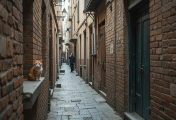  Cat Sitting on a Wall in a Narrow Cobblestone Alleyway