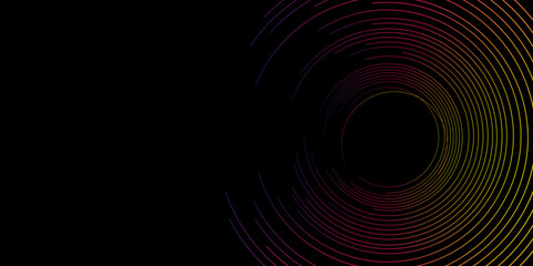 Fototapete - Abstract gradient geometric lines on dark background. Swirl circular lines pattern. Geometric spiral. Template Space for Text. Abstract Minimalist Wallpaper with Copy Space on Black Background, vector