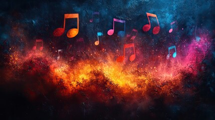 Wall Mural - bright music notes float on a dark textured background, creating a vibrant musical concept for music