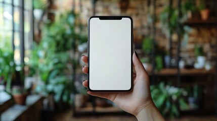 Businesswoman holding smartphone with blank screen close up mobile app development, marketing, or social media potential.