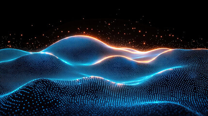 Poster - Abstract digital landscape with glowing waves and particles, creating mesmerizing visual experience