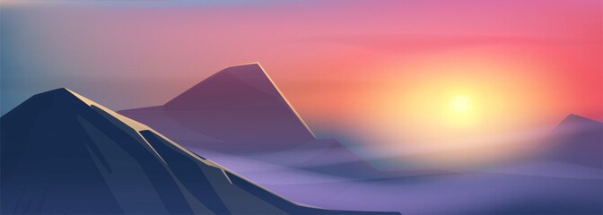 Wall Mural - Beautiful sunset sky above mountains. Vector cartoon illustration of mountainscape with bright colorful sunrise and morning fog in air, rocky peaks on pink, orange, purple gradient skyline background