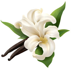 Poster - Beautifully illustrated vanilla flower with gently curved white petals naturally textured vanilla pods and deep green leaves isolated on a transparent background with soft shadows