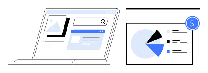 Laptop with open web interface beside a financial dashboard showing pie chart and analytics. Ideal for business insights, data visualization, finance, research, technology, strategy, productivity