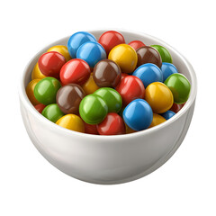 Poster - A close up photograph of a white porcelain bowl brimming with an assortment of colorful candy coated chocolate pieces featuring a rich variety of hues and a shiny