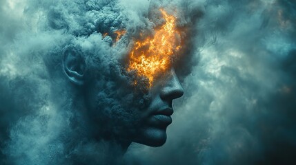 Wall Mural - Dark smoke and particles depict a businessman's exploding head, suffering from burnout, stress, information overload, and mental health issues.