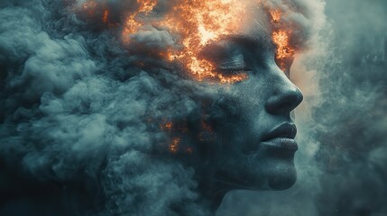 Wall Mural - Dark smoke fills a businessman's exploding head, illustrating overwhelming stress and burnout from information overload and mental pressure.