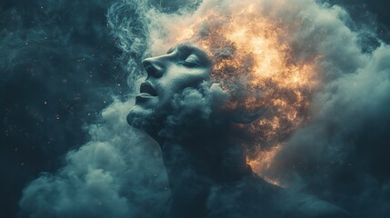 Wall Mural - Dark smoke fills a businessman's exploding head, illustrating overwhelming stress and burnout from information overload and mental pressure.