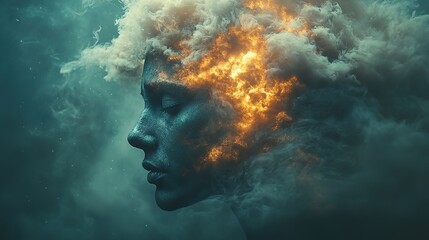 Wall Mural - Dark smoke fills a businessman's exploding head, illustrating overwhelming stress and burnout from information overload and mental pressure.