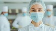 © Goody ART - A focused female chef in uniform and mask stands in a kitchen, with colleagues in the background, highlighting professionalism in culinary arts.