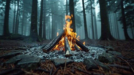 Wall Mural - Campfire burning in misty enchanted forest with tall trees in background