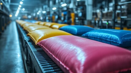 Poster - Brightly colored bags are lined up on a conveyor belt inside a modern automated manufacturing facility. The environment is focused on chemical processing and synthesis.