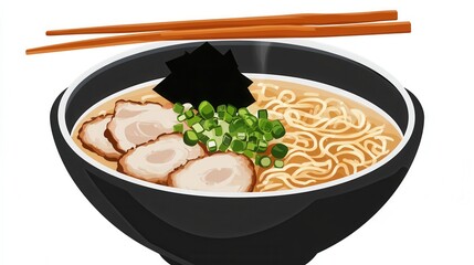 Aufkleber - Delicious steaming ramen bowl with pork, seaweed, and green onions at a cozy eatery
