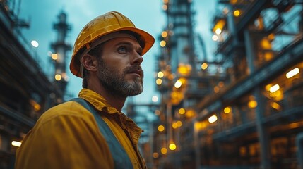 Aufkleber - A worker wearing a yellow helmet stands thoughtfully amidst a bustling petrochemical refinery.