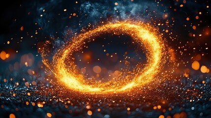 Wall Mural - fiery sparks from a vibrant ring of fire captivate against a dark backdrop, suggesting energy, power