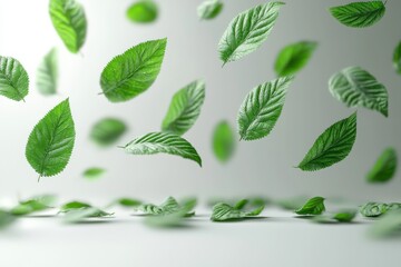 Poster - Floating green leaves create a serene atmosphere against a soft background in a calming setting