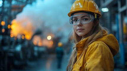Aufkleber - A female engineer in a safety helmet and glasses supervises operations in a petrochemical refinery. Steam rises from machinery as workers focus on automation in the industrial environment.